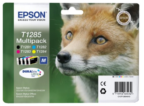 Epson C13T12854012 Cartuccia Inkjet Ink Pigmentato, Blister RS Volpe-M T1285, Confezione da 4, Nero/Ciano/Magenta/Giallo, Imballaggio Standard